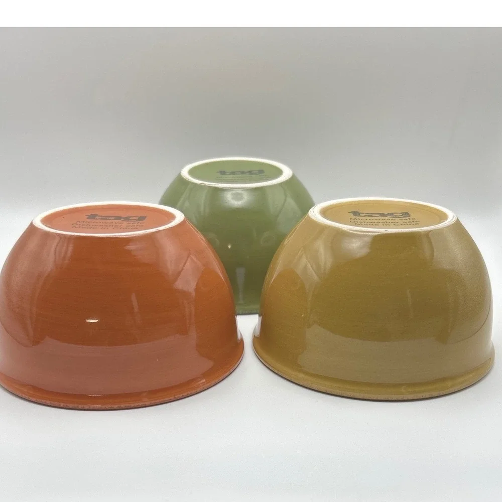 Tag Ceramic Dipping Bowl Set Metal Caddy Green Orange Yellow 3 Piece Set 7.25